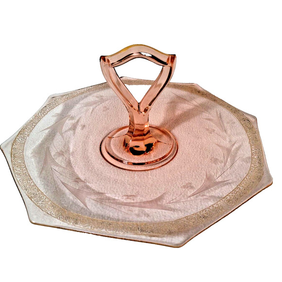 Vintage Jeannette Rose Pink Depression Glass Canapé Tray Tid Bit Dish Etched - Picture 1 of 9